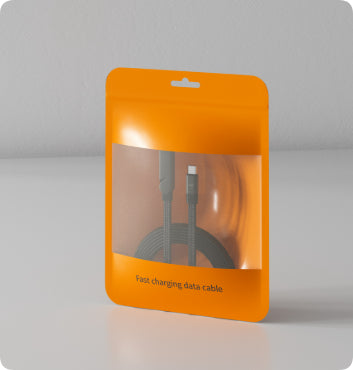 Black braided 2-in-1 fast charging data cable in an orange plastic display pouch with a clear window.