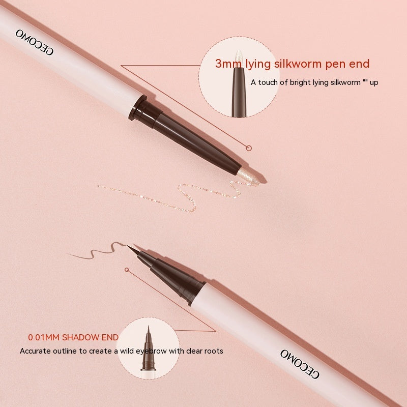White double-ended makeup pen featuring a 3mm shimmer lying silkworm tip and a 0.01mm fine-point brown shadow tip.