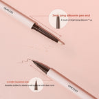 White double-ended makeup pen featuring a 3mm shimmer lying silkworm tip and a 0.01mm fine-point brown shadow tip.