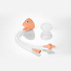 Peach-colored cartoon nasal aspirator with clear silicone tubes and a small white collection cup on a white background.
