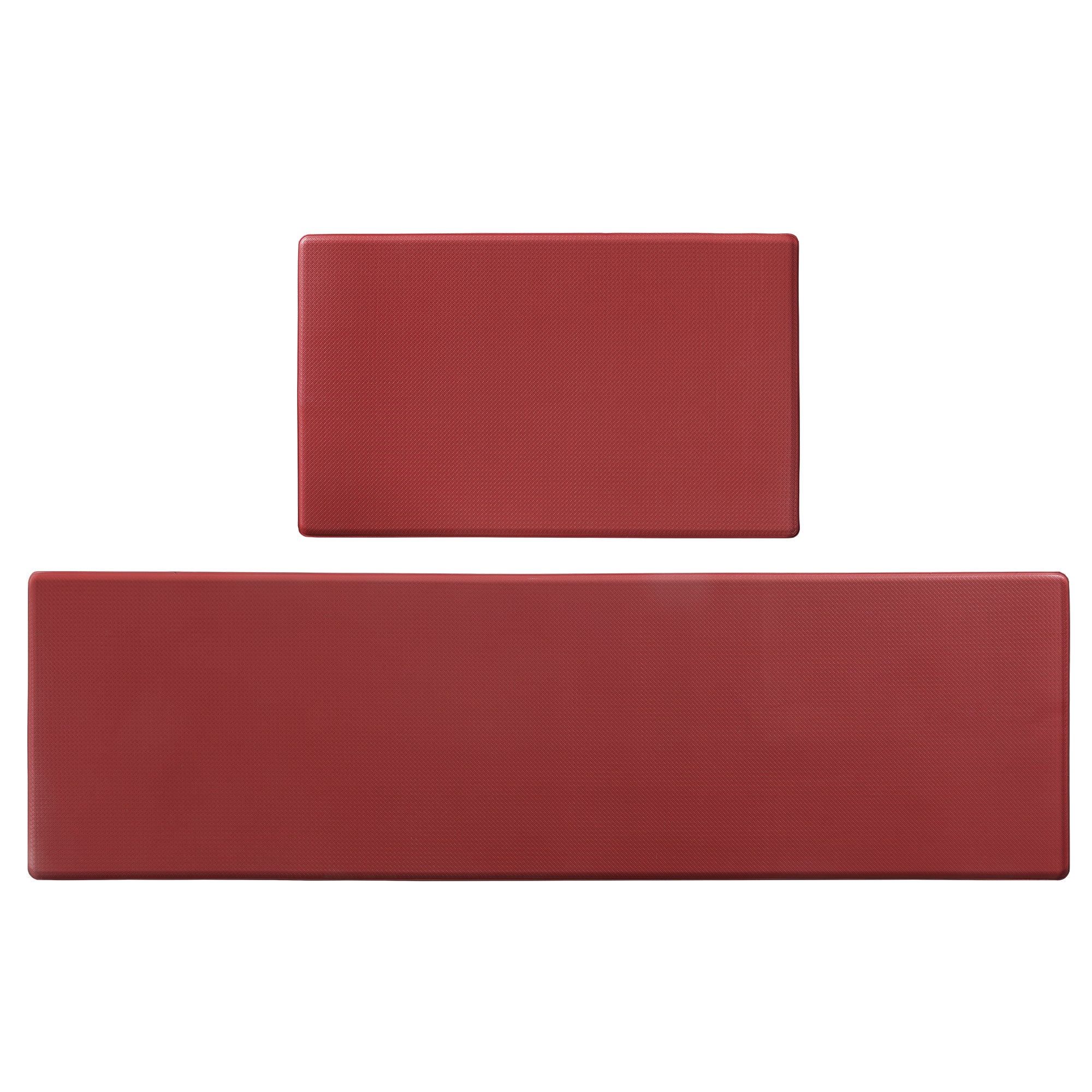 Two red rectangular kitchen floor mats with a textured, non-slip waterproof surface against a plain white background.