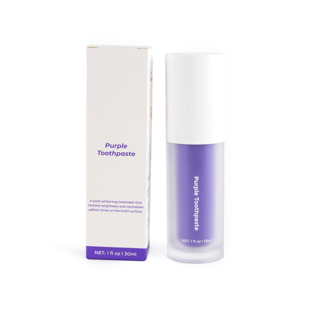 V34 purple teeth whitening toothpaste in a white box and a frosted pump bottle with purple liquid, 30ml size.
