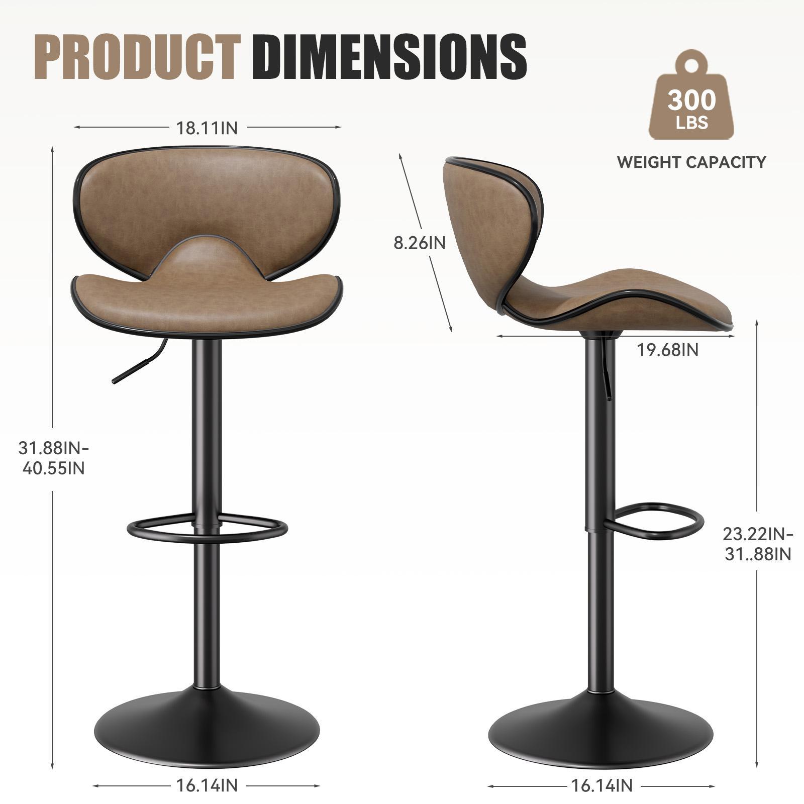 Tan faux-leather bar stool with black metal base, swivel design, footrest, and 300 lb capacity with dimension labels.