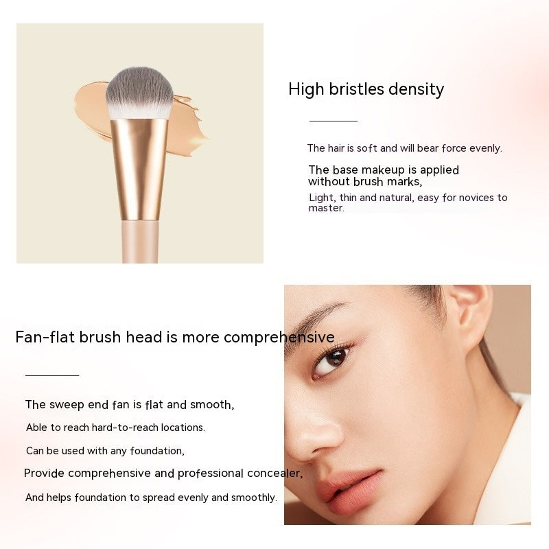 Soft flat makeup brush with gold ferrule, dense bristles, and text describing its streak-free, seamless application.