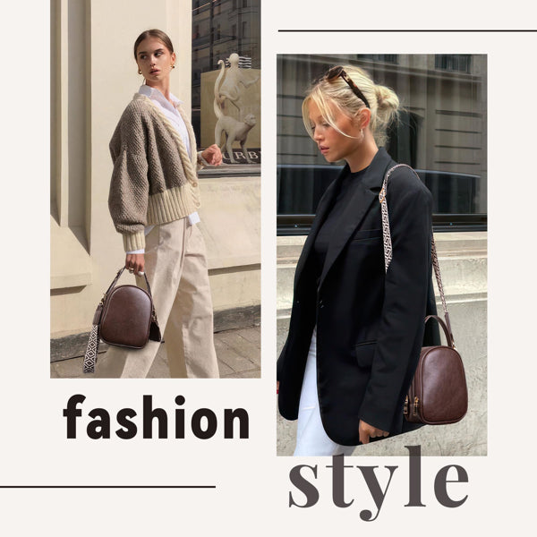 A small coffee-colored faux leather crossbody bag with a handle and patterned adjustable strap, shown on two models.