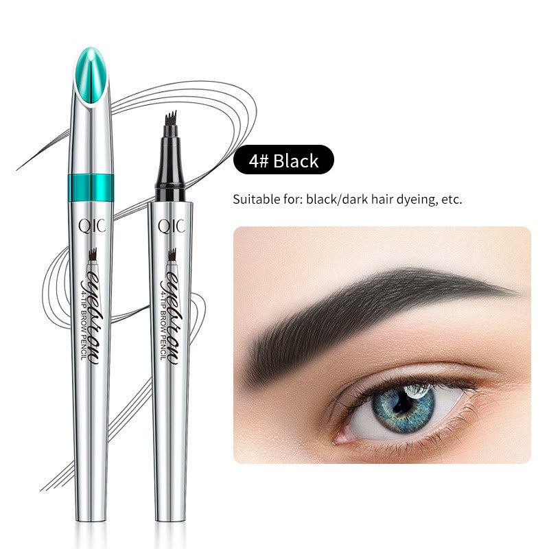 Black four-prong liquid eyebrow pen in silver metallic packaging with a capped and uncapped view, showing brow result.