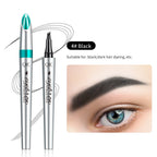 Black four-prong liquid eyebrow pen in silver metallic packaging with a capped and uncapped view, showing brow result.