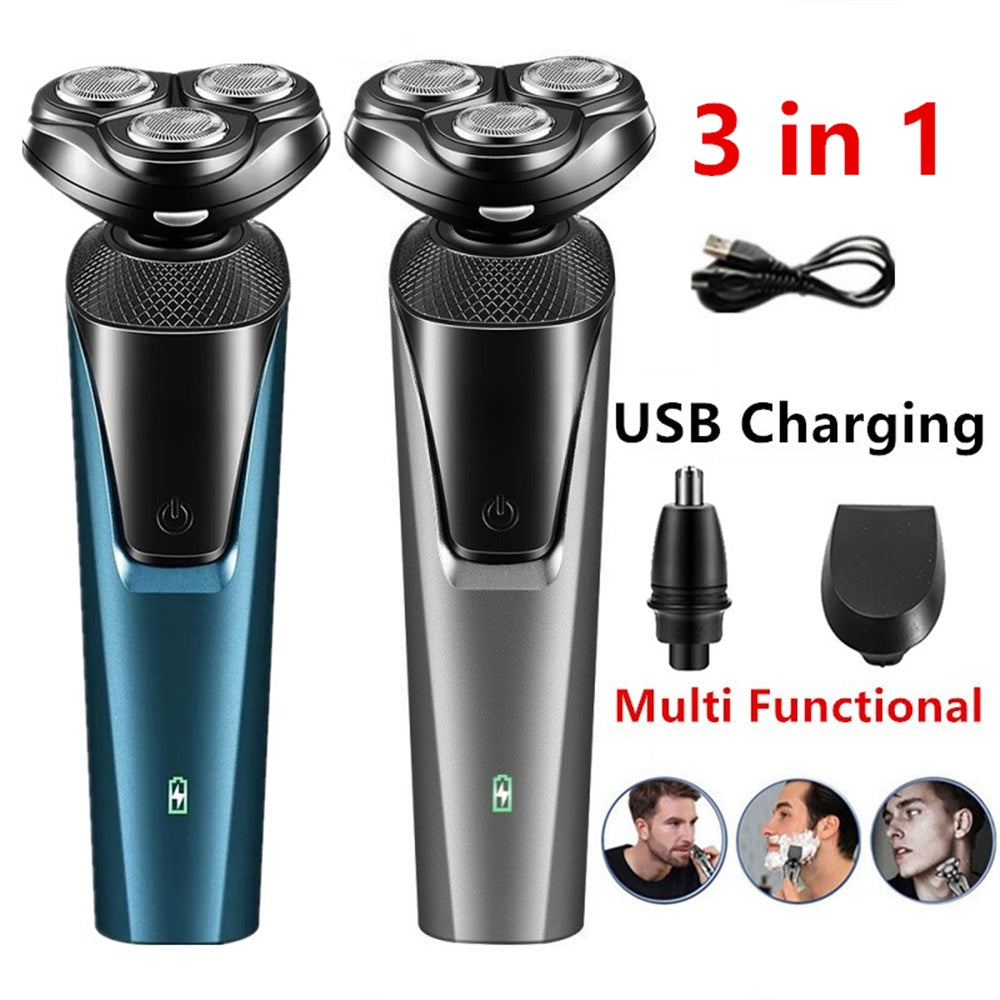Two electric rotary shavers in blue and gray, with USB cord, nose trimmer attachment, and icons showing grooming usage.
