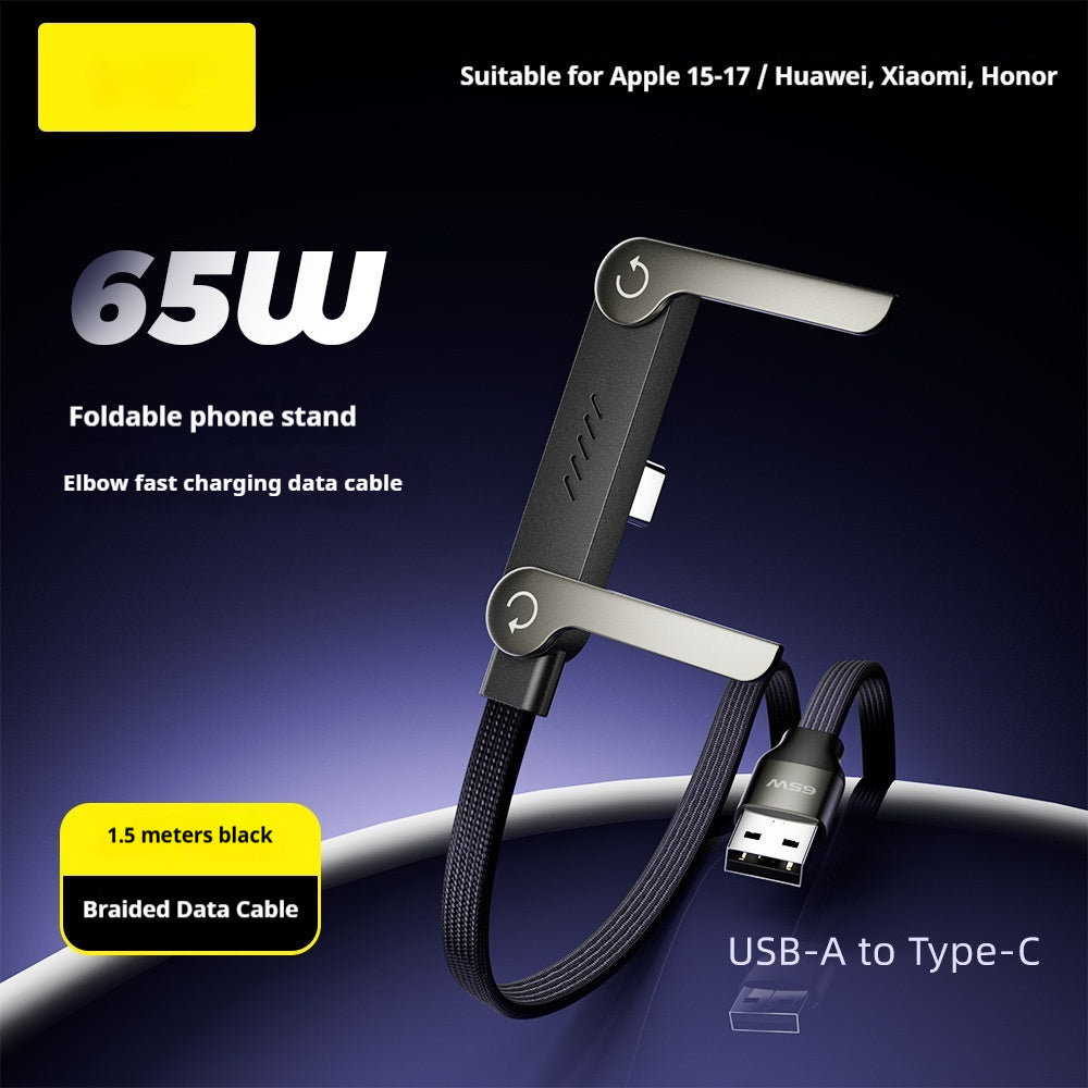 Black 65W 2-in-1 braided fast charging cable featuring a foldable metallic phone stand with USB-A to Type-C connectors.