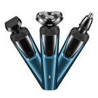 Three blue cordless electric groomers with interchangeable heads for shaving, beard trimming, and nose hair removal.