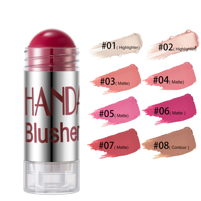 A Digitaldistribution375 blush stick with a cream dome and eight color swatches, ranging from highlighter to contour.
