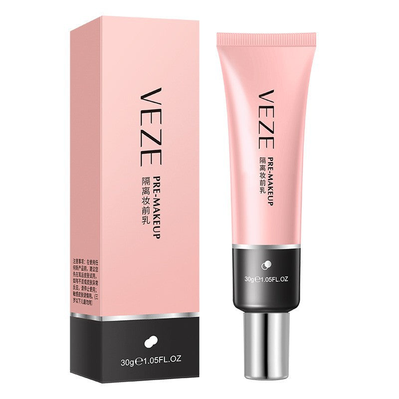 VEZE pre-makeup cream in a pastel pink squeeze tube next to its matching cardboard box on a white background.