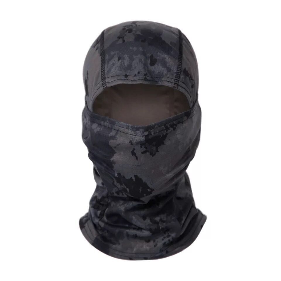 Black and grey camouflage tactical balaclava made of lightweight, breathable fabric with a large, open eye cutout.