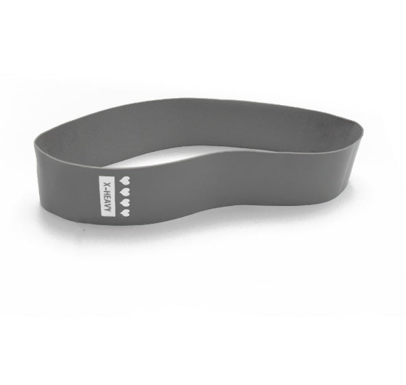 Gray rubber resistance band labeled "X-HEAVY" with four heart icons, isolated on a white background.
