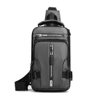 Grey multifunctional crossbody chest bag with adjustable straps, multiple zippered pockets, and "Professional" branding.