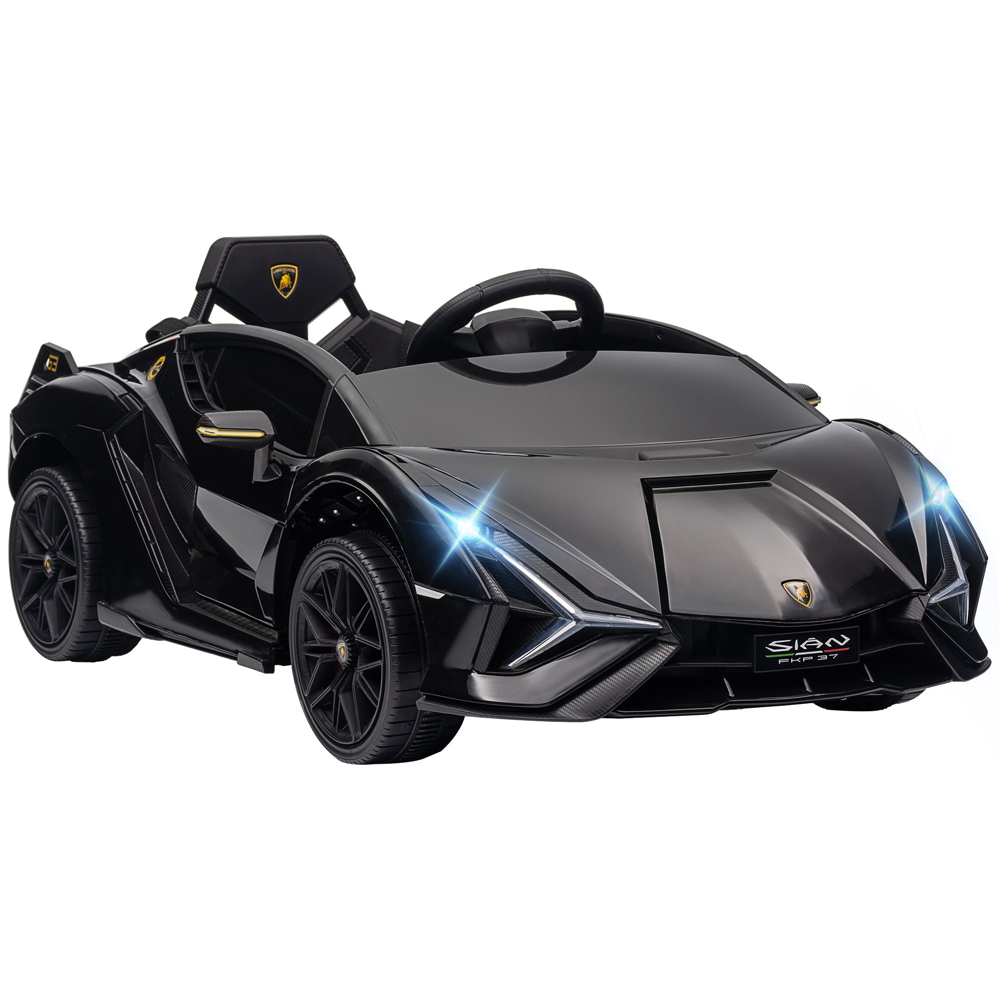 Black 12V Lamborghini Sian electric kids' car with illuminated headlights, plastic body, and detailed sport wheels.