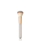 Makeup brush with soft, creamy-white synthetic bristles, a gold ferrule, and a sleek, polished silver handle.