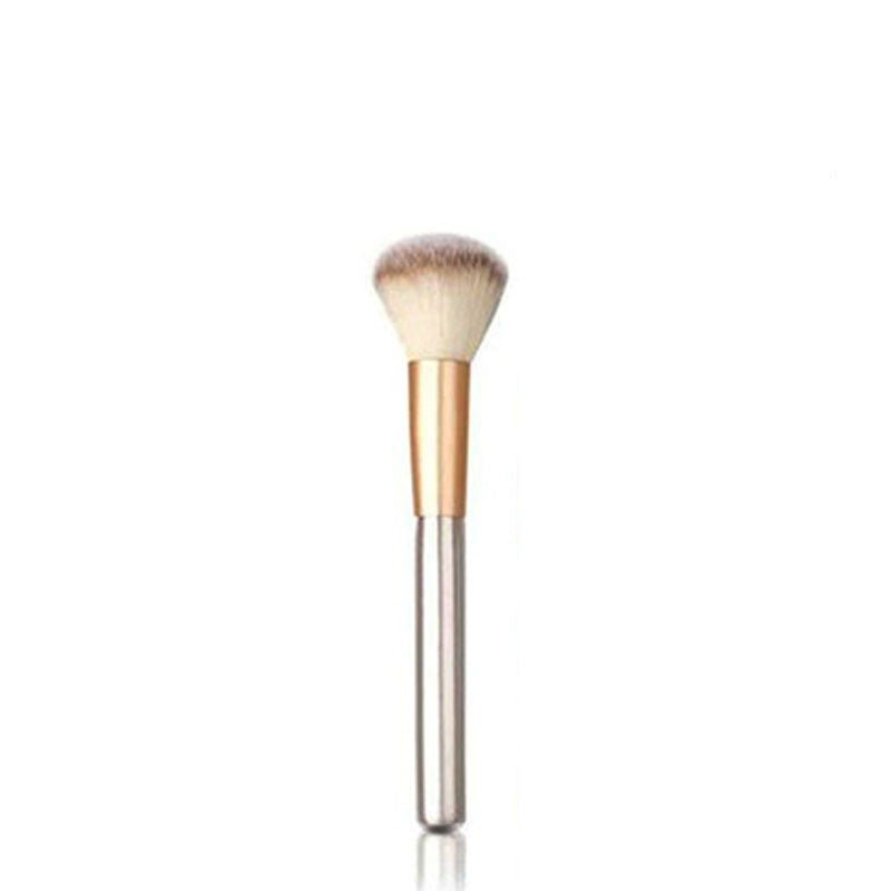 Makeup brush with soft, creamy-white synthetic bristles, a gold ferrule, and a sleek, polished silver handle.