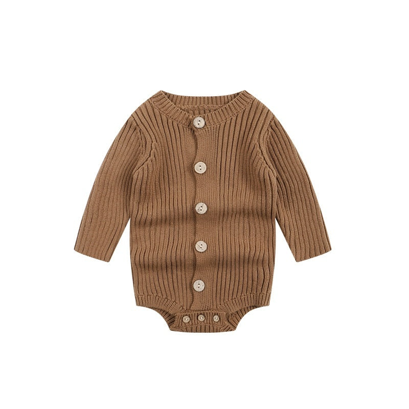 Brown ribbed knitted baby bodysuit featuring long sleeves, a round neckline, and front buttons on a white background.