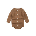 Brown ribbed knitted baby bodysuit featuring long sleeves, a round neckline, and front buttons on a white background.