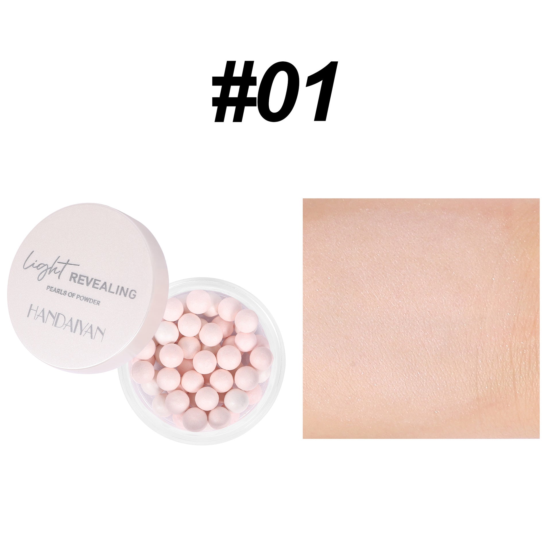 Handaiyan #01 loose powder pearls in a jar with pinkish powder swatch, featuring oil-control matte finish.