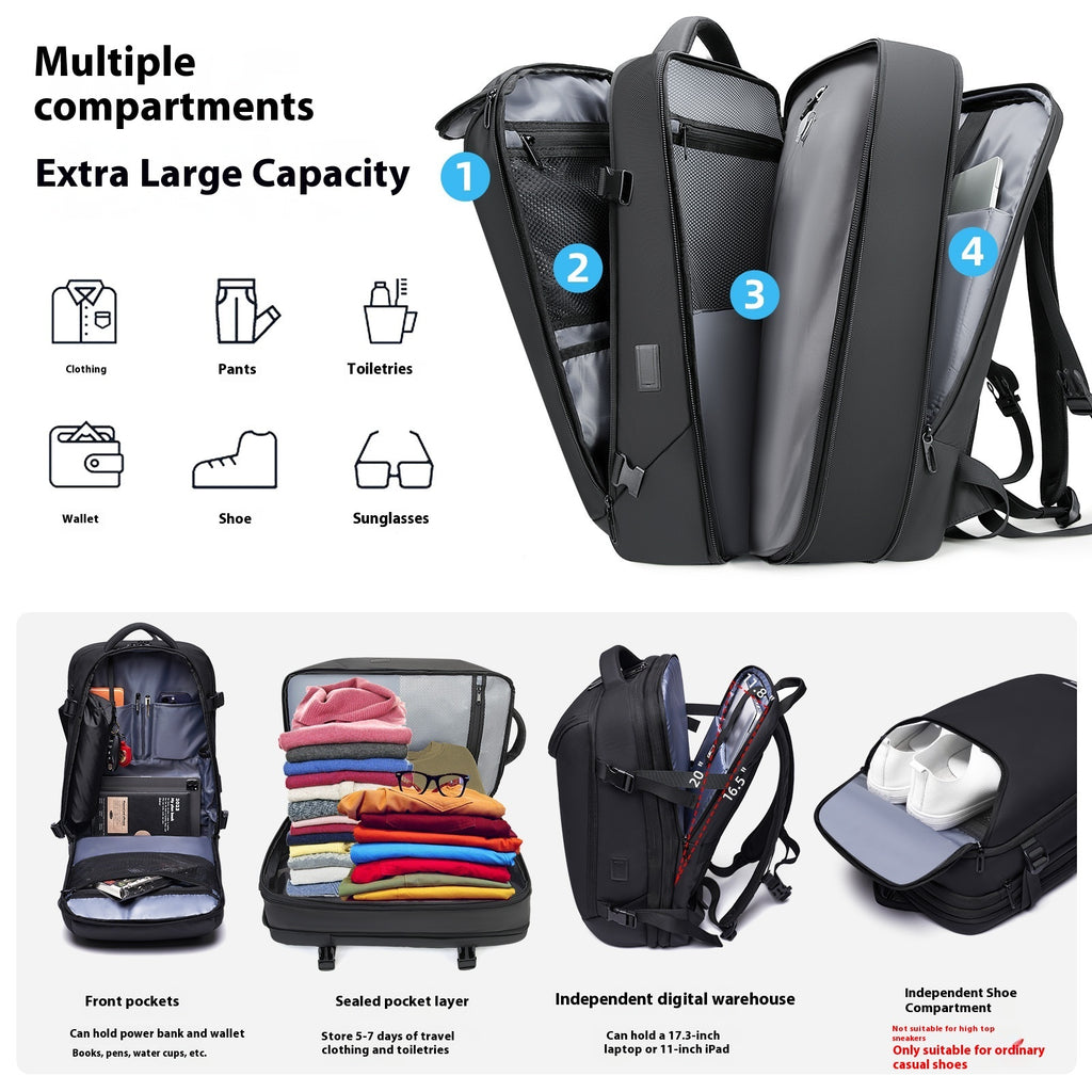 Black multifunction travel backpack with multiple compartments, packing layers, laptop sleeve, and shoe storage.