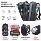 Black multifunction travel backpack with multiple compartments, packing layers, laptop sleeve, and shoe storage.