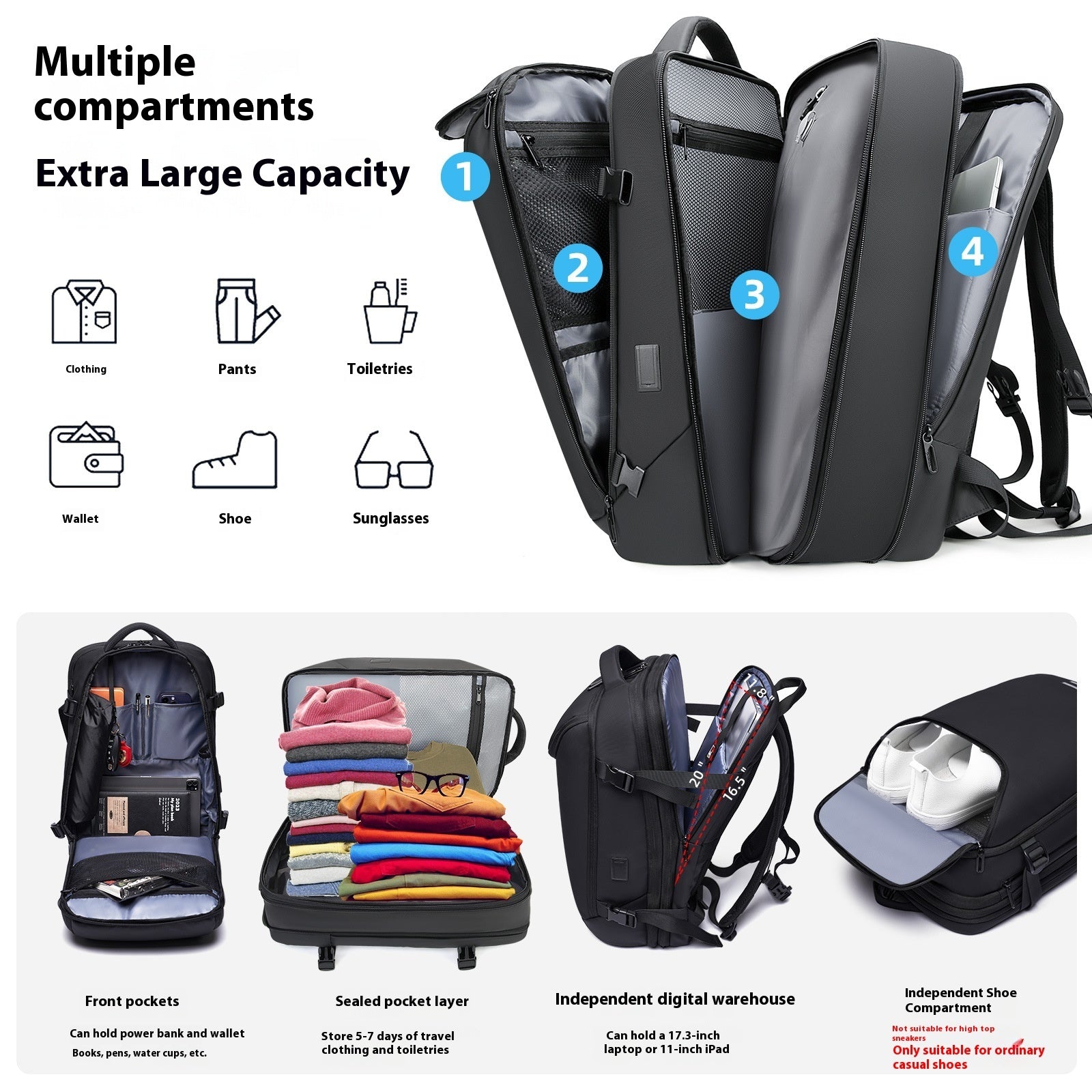 Black multifunction travel backpack with multiple compartments, packing layers, laptop sleeve, and shoe storage.