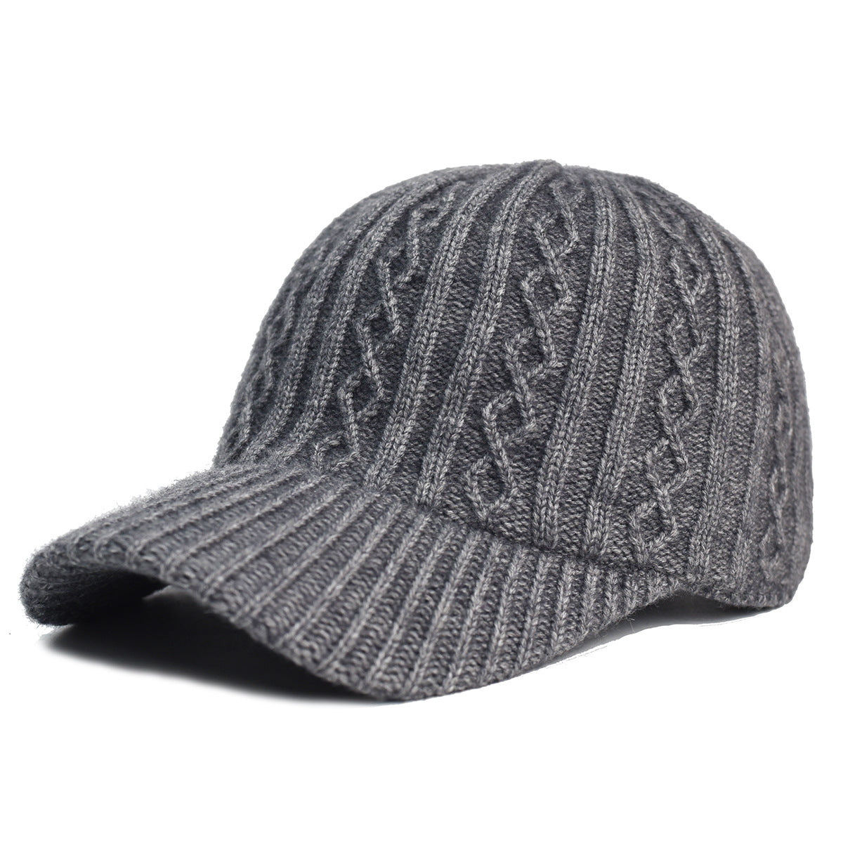 Grey knitted wool baseball cap with cable-knit detailing and a ribbed brim, set against a plain white background.