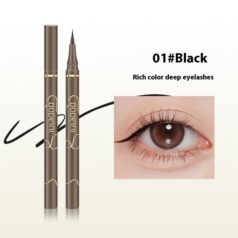 Two brown eyeliner pens with gold logos, demonstrating a fine, smooth black line on an eye with dark lashes.