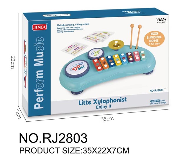 Blue toy xylophone set for toddlers in packaging, featuring 8 colorful metal keys, a mini cymbal, and two drumsticks.
