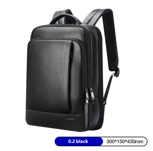 Black minimalist leather business backpack with front pocket, top handle, adjustable straps, and silver zippers.