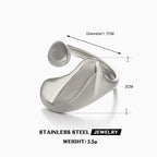 Silver-tone stainless steel open ring with a modern, fluid, organic shape and marked dimensions.