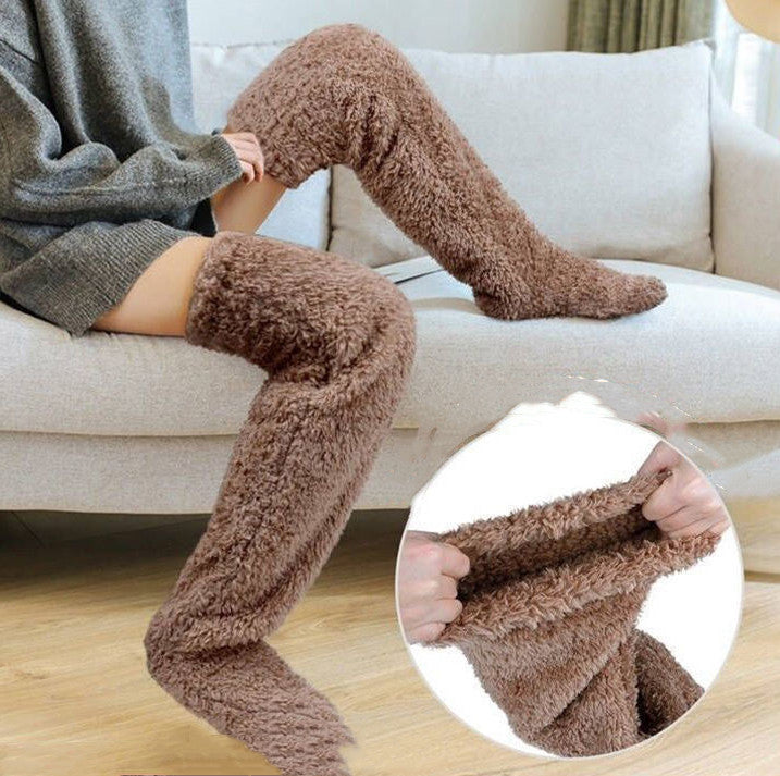 A person wearing brown, fuzzy, over-the-knee socks. Inset shows a close-up of the plush, stretchy fleece material.