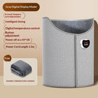 Gray under-desk foot warmer with digital temperature control, 8 heat levels, auto-tilt safety, and a free fleece blanket.