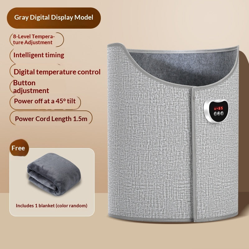 Gray under-desk foot warmer with digital temperature control, 8 heat levels, auto-tilt safety, and a free fleece blanket.
