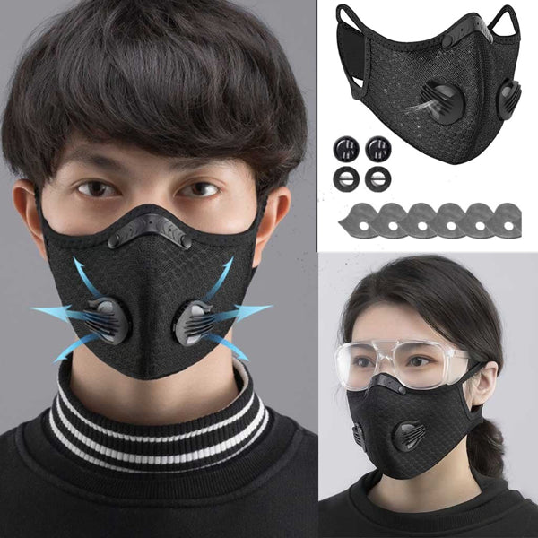 Black reusable mesh face mask with dual air valves and replaceable filters, worn by models for outdoor sports.
