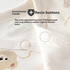 Close-up of cream-colored organic cotton baby romper featuring safe, food-grade resin snap buttons and cute print.