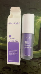 GlorySmile V34 Colour Corrector purple mousse toothpaste in a white box and matching pump bottle (30ml).
