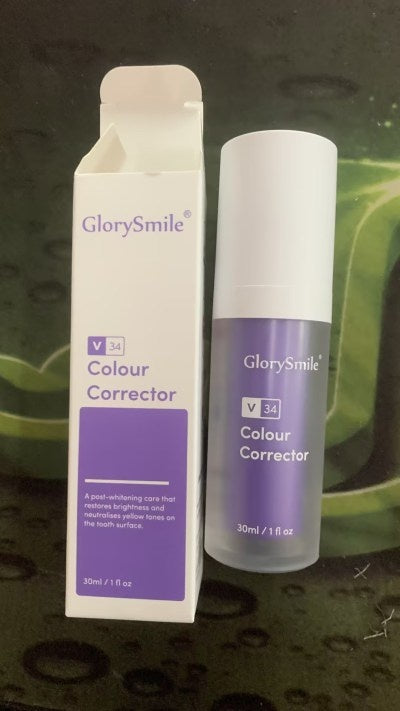 GlorySmile V34 Colour Corrector purple mousse toothpaste in a white box and matching pump bottle (30ml).