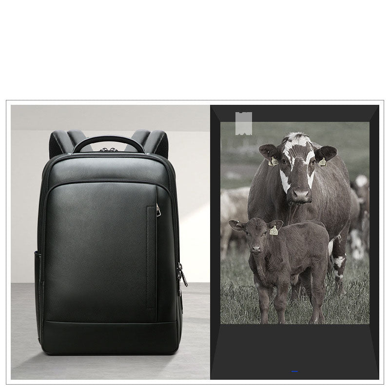 Black leather business laptop backpack with top handle and side zipper pocket next to an image of cows.