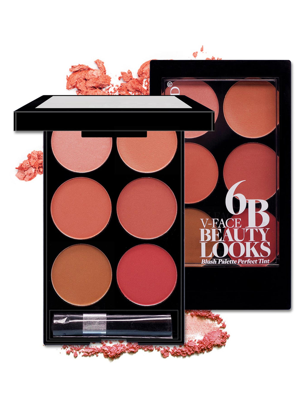 Digitaldistribution375 six-color blush palette in black case with applicator brush, featuring various pink and red tints.