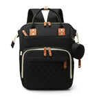 Black quilted mummy backpack with brown accents, multiple zippered compartments, top handles, and side accessory pouch.