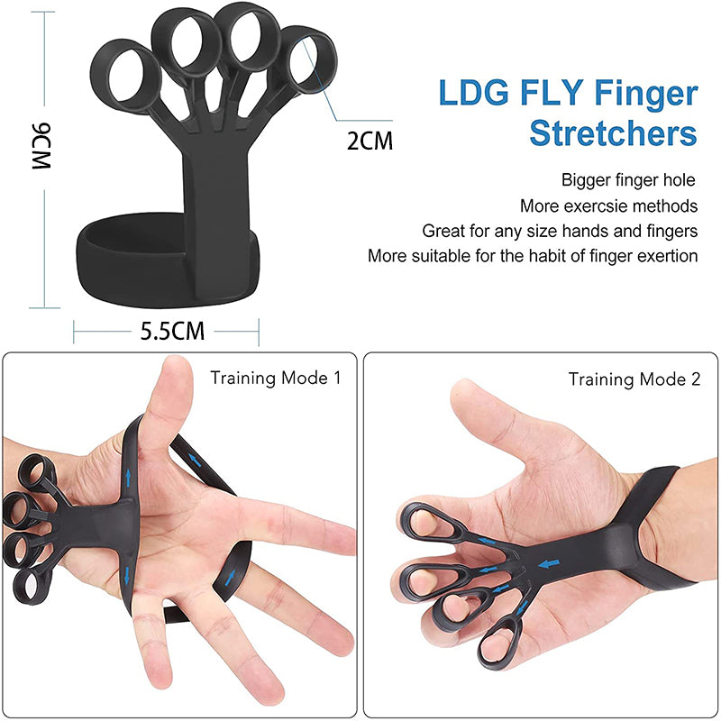 Black silicone finger stretcher with four finger loops and a wrist band for physical therapy and hand strengthening.