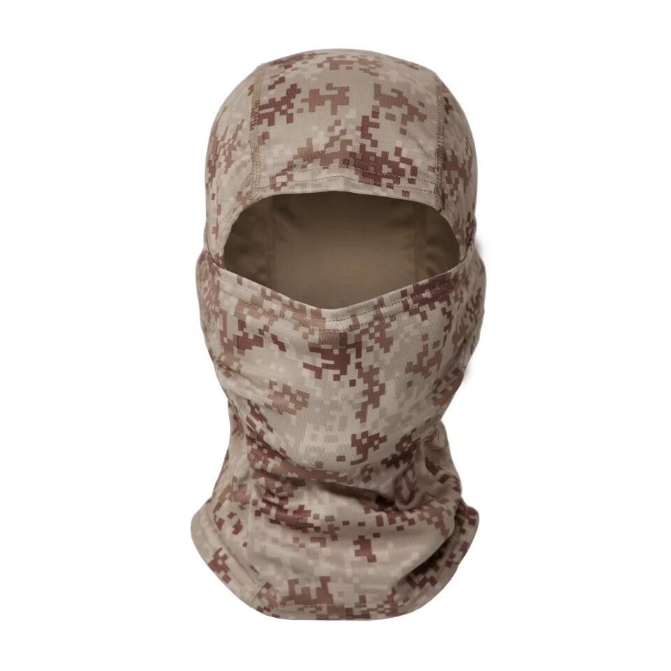 Tan and brown digital camouflage full-face tactical balaclava made of lightweight, breathable fabric.