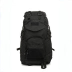A black, durable nylon 60L tactical backpack featuring multiple compartments, compression straps, and a front mesh pocket.