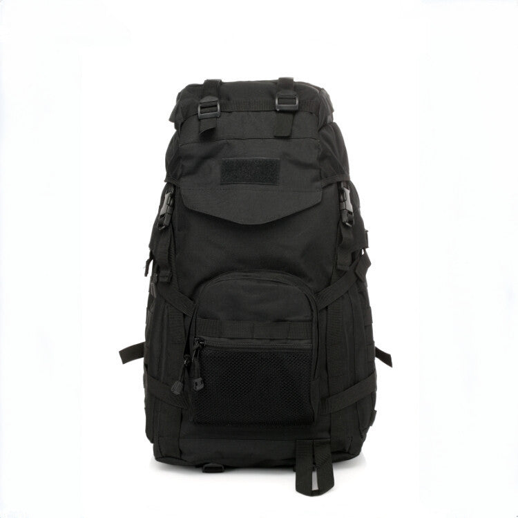 A black, durable nylon 60L tactical backpack featuring multiple compartments, compression straps, and a front mesh pocket.