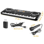 Black 61-key electronic keyboard with speakers, power adapter, USB cable, and microphone, shown with dimensions.