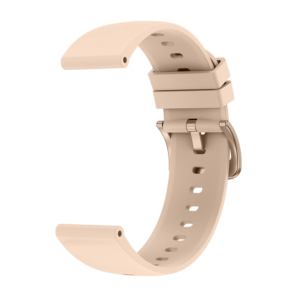 Beige silicone smartwatch strap with a gold-tone buckle, showing a smooth, flexible band design.
