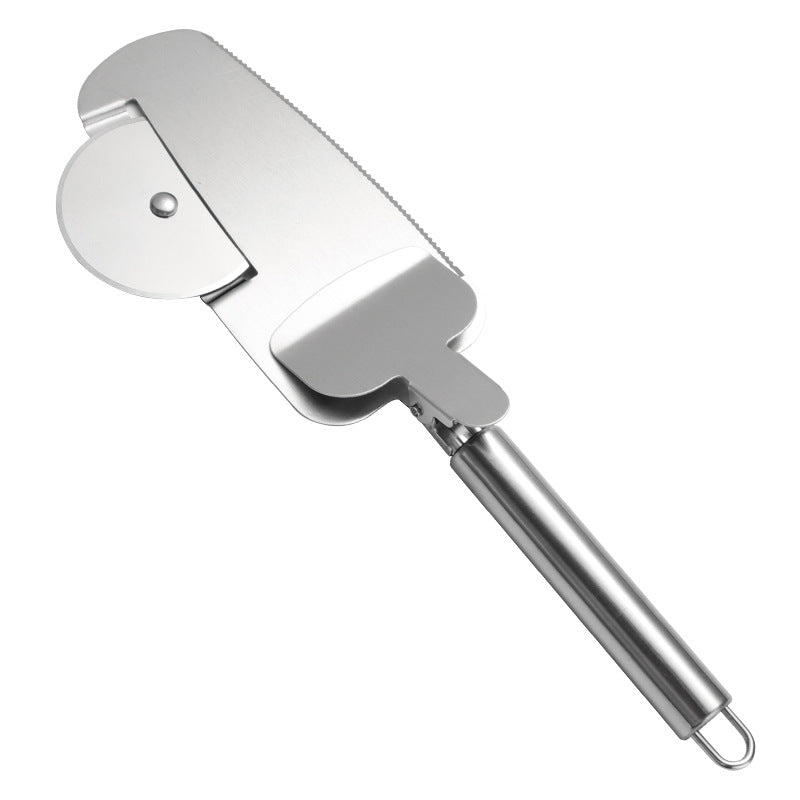 Silver 3-in-1 stainless steel pizza cutter featuring a rolling blade, serrated edge, and a hanging loop on the handle.
